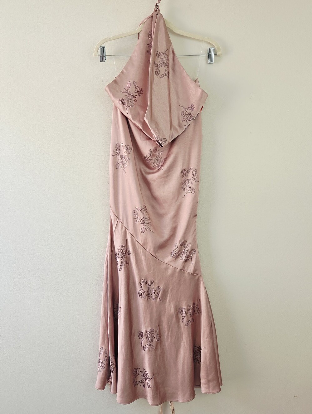 Backless Satin Floral Halter Evening Dress in Dusty Rose - Picture 4 of 9